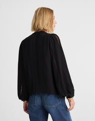 Lace-Insert Button-Up Long-Sleeve Top