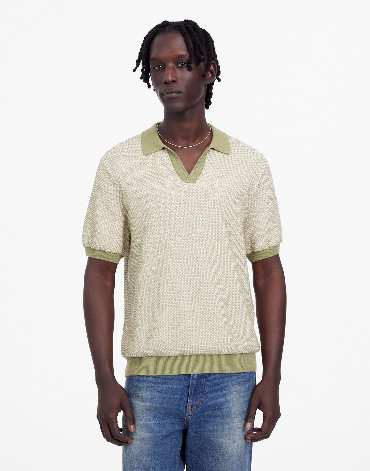Honeycomb Stitch Johnny-Collar Sweater Polo