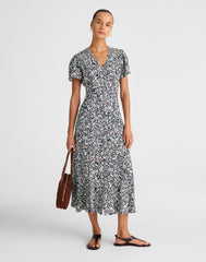 Button-Front Flutter-Sleeve Midi Dress in Floral