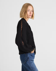 Lace-Insert Button-Up Long-Sleeve Top
