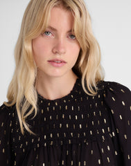 Smocked High-Neck Long-Sleeve Top in Clip Dot
